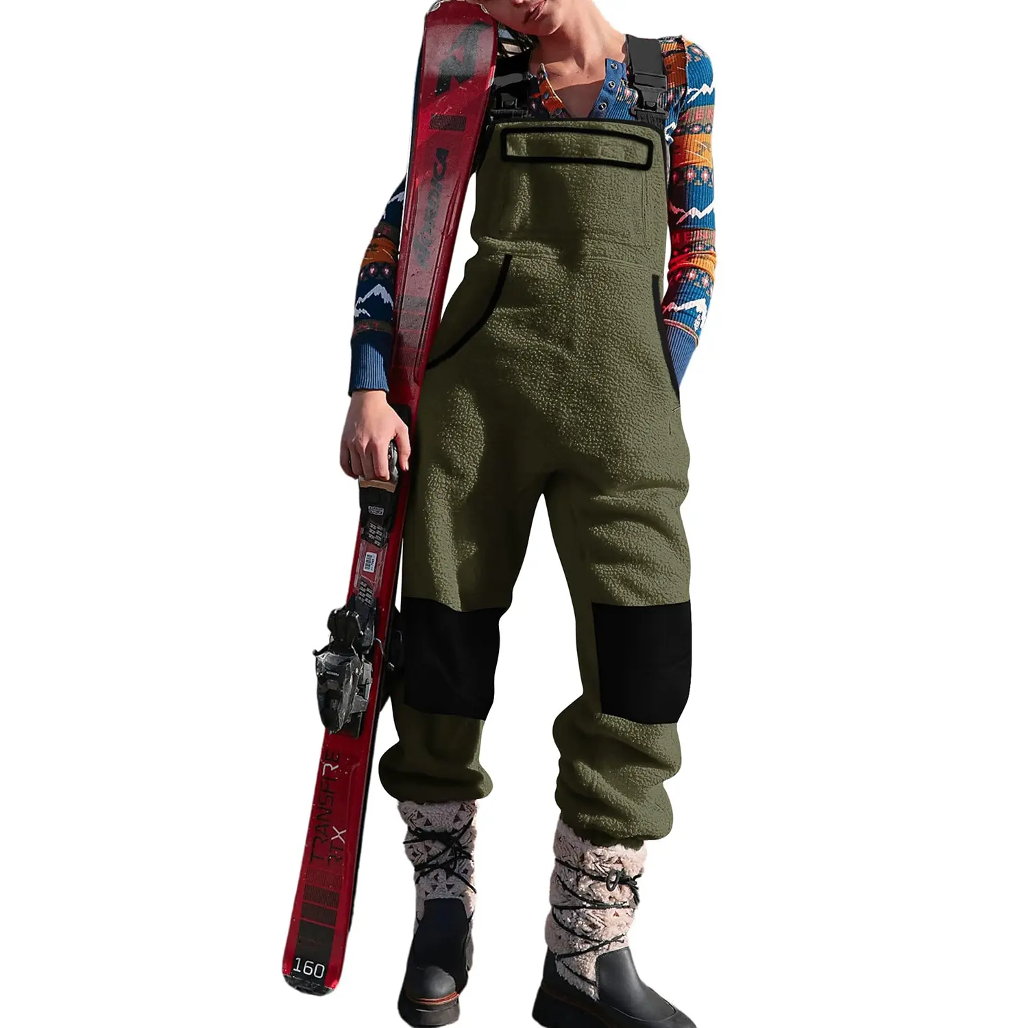 Women's Fashion Lady Soft Fleece Warm Overalls - Elastic, Comfortable, Loose Cold-Weather Colorblock Jumpsuits for Professional Skiing, with Pockets, Adjustable Strap-Buckle, Cold Wash, S-2XL, Casual, Pockets On Legs