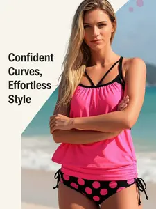 Women's Plus Size 2-Piece Polka Dot Tankini Set, Tummy Control High Waist Ruched Bottom, Full Coverage High Elastic Swimwear with Removable Pads, Retro Beachwear for Curvy Girls