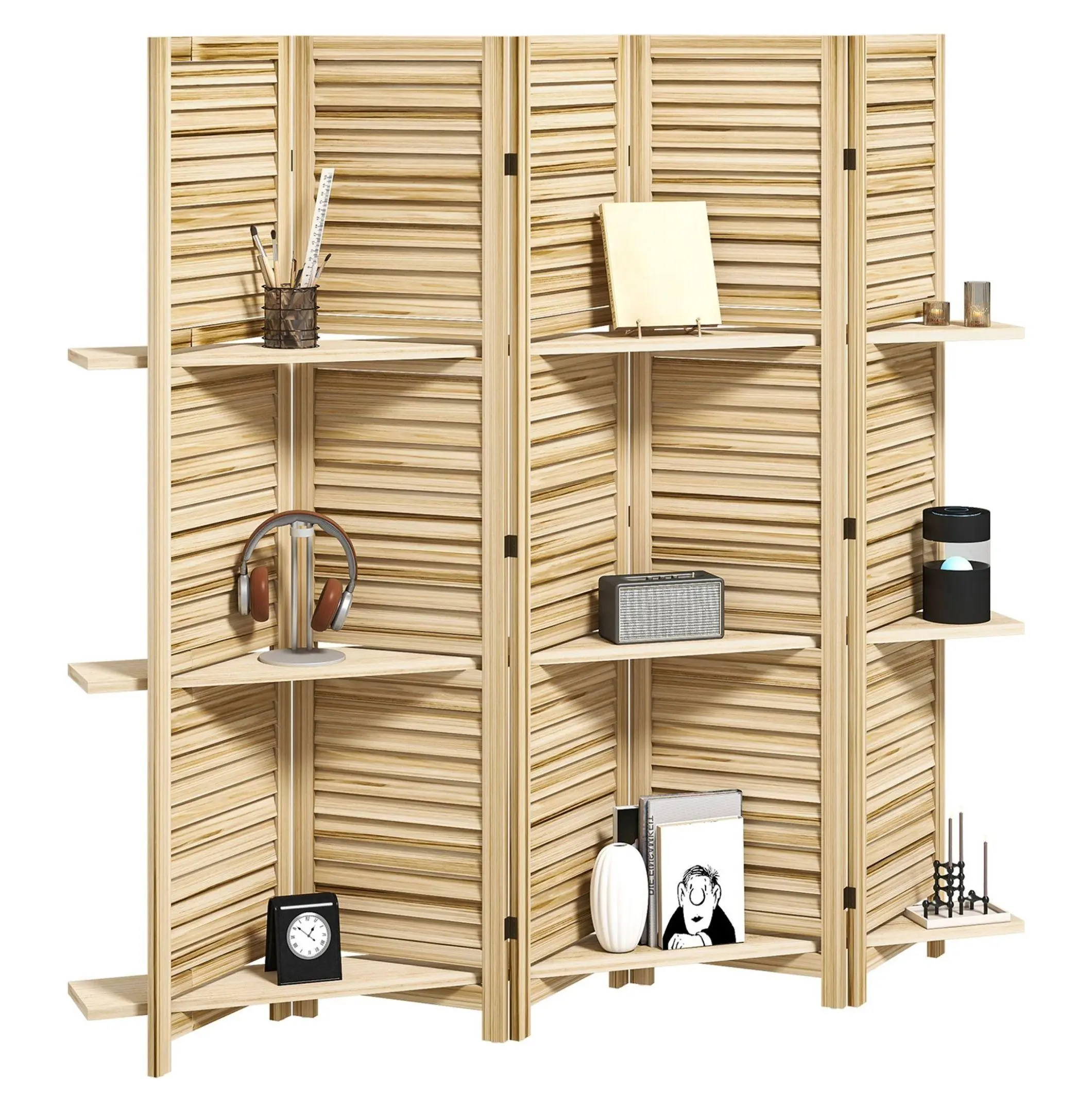 Wood Room Divider 67" Tall 5 Panel Folding Privacy Screen with 3 Shelves, Paulownia Wood Room Partition for Bedroom, Living Room, Natural Default Title