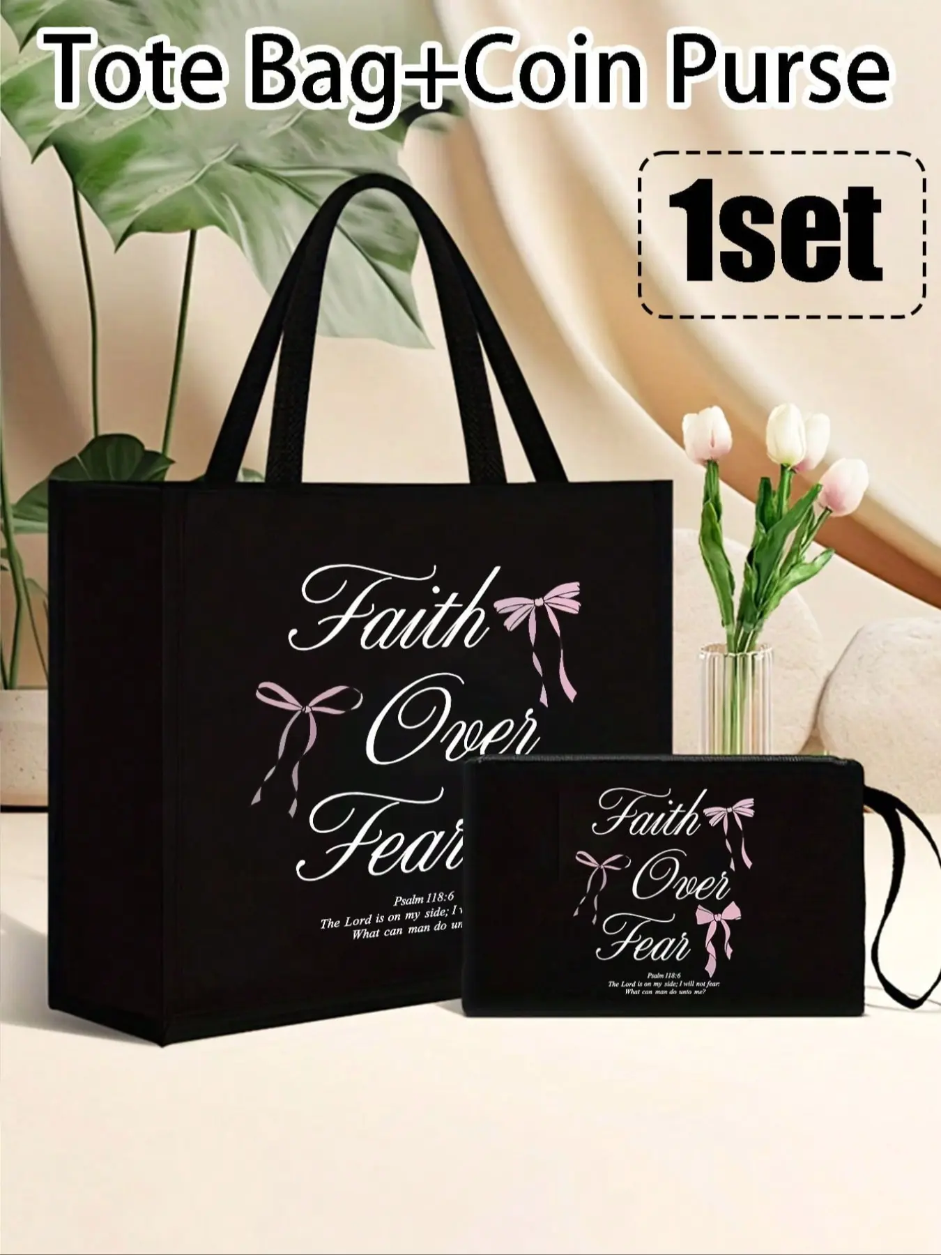 Women's fashion pink bow letter print handbag, with a handheld zipper pouch, versatile women's bag, Christian-themed handbag and makeup bag set, printed with 'Faith Overcomes Fear' and 'The Lord is with me, I will not fear' shopping bag