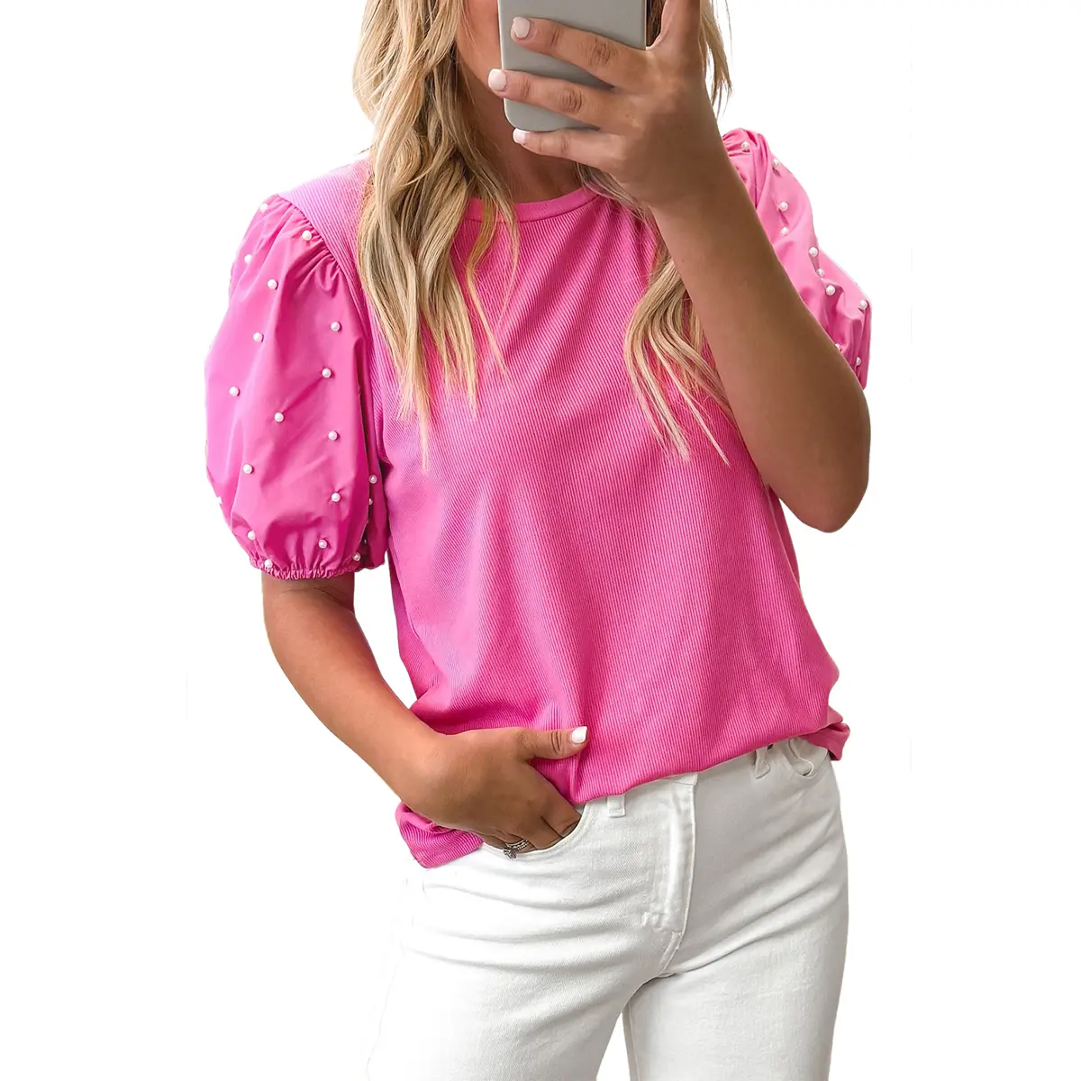 Mntaor Women's Elegant Ribbed Puff Sleeve Pearls Beaded Round Neck Blouse Top - Casual Fitted Top for Women with Elegant Design - Elegance, Overall