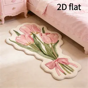 2D 1pc Irregular Pink Tulip Design Bedroom and Living Room Decorative Carpet, Floral Shaped Rug, 800g/㎡Polyester, with Non-slip Back Pad, Washable, Suitable for Office, Entrance, Interior Decoration, Floral Area Rug