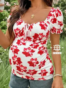 Red Floral Print U-Neck Tie-Up Puff Sleeve Casual Maternity T-Shirt, Summer Style. Vacation Casual Maternity T-Shirt, Slim Fit And Comfortable.