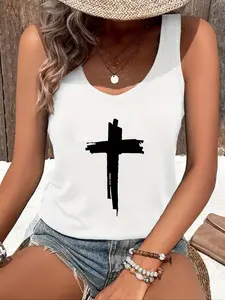 Women's Cross Print Tank Top, Casual Sleeveless Top for Daily Wear, Ladies Clothes for All Seasons, Tank Top Straps