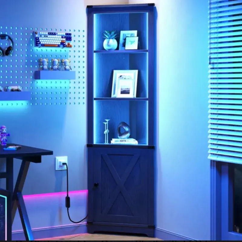 Corner Shelf with LED Light 5-Tier Corner Cabinet w/ Doors Display Storage Rack