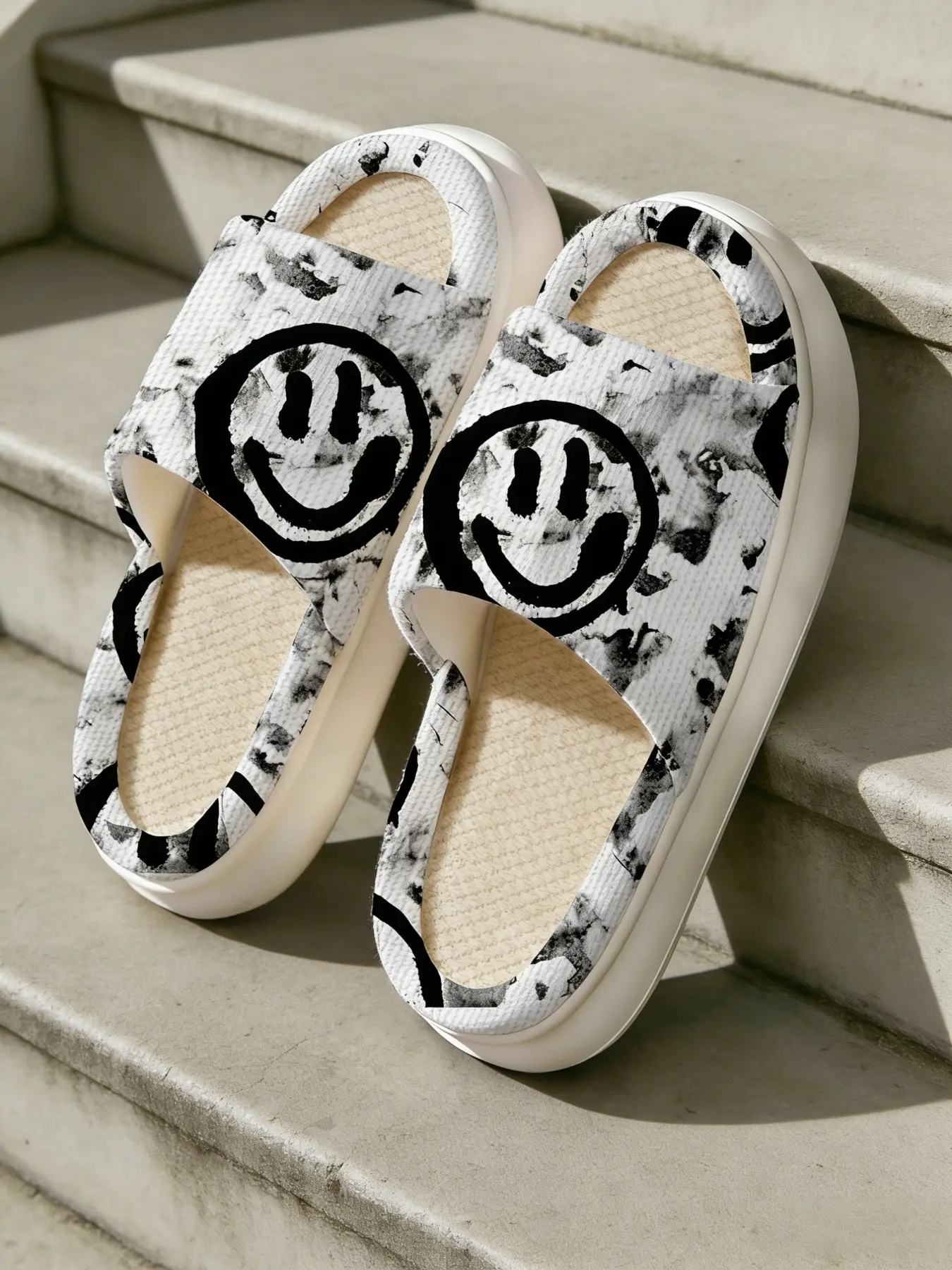 Watercolor Smiley Face Slippers, Waffle Linen Breathable, Trendy Thick Sole House Shoes, Minimalist Cartoon Pattern, Nonwoven Fabric Upper