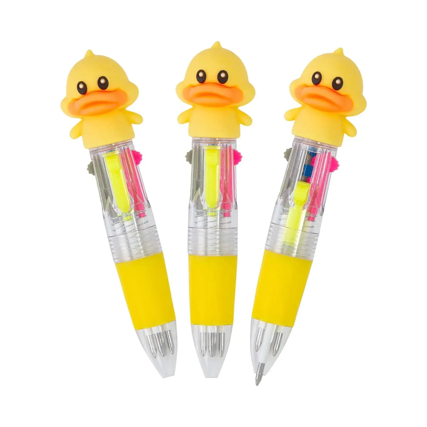 3.5" Mini Yellow Duck Plastic 4-Color Shuttle Writing Pens, 12-Pc Colorful Precision Multicolor Pens for Party Favors Ideas, Kids Party Favors