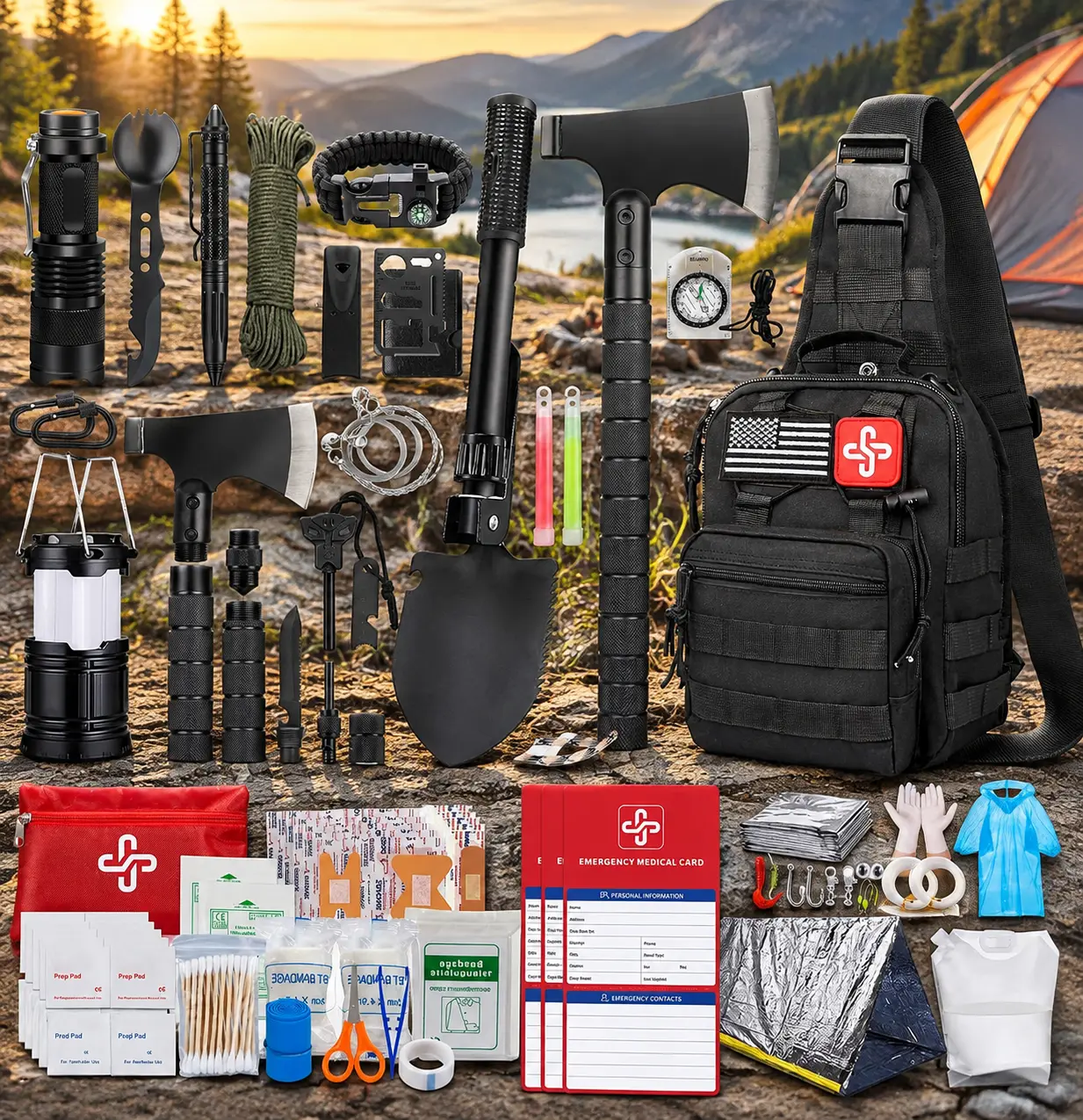 Military Survival Kits, 262-Pc Gear & Supplies with First Aid Pouch, Crossbody Bag, Tent, Camping Hammer, Shovel w-Pick, Bug Out Bag Gifts for Men