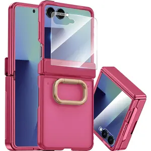 NINKI for Samsung Galaxy Z Flip 7 Case with Rotatable Ring,Built-in Screen Protector Hinge Protection Case for Samsung Galaxy Z Flip 7 Shockproof Rugged Translucent Matte Cover for flip7 Rose Pink