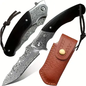 Damascus Pocket Knife, Folding Knife, 67 layers Damascus Steel VG10 Steel Core Knife With Leather Sheath, Wood Handle, EDC Knife, Outdoor Knife Survival Knife, Collection Knife,Black Color Handle
