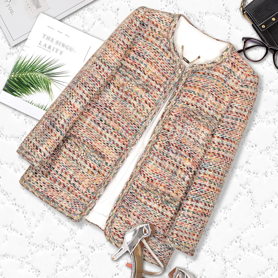DS Unique Design Women's Fitted Knitwear Cardigan - Coarse Wool Tweed Mid-Length Long-Sleeve Round-Neck Jacket, Fitted Cut, Versatile, Normal Type, Vibrant, Casual, Color-Sorted Wash, Fashion Women's Top