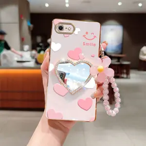 Flower Strap Lanyard 16E Durable Plating Mirror Phone Holder Case Compatible With for iPhone 16e Cute Smile Pink White Love Case Cover for Popular