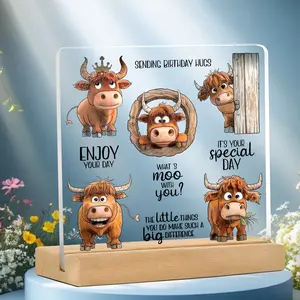 1 Piece Hilarious Highland Cow Birthday Acrylic Tabletop Ornament, Cow Lover Desk Decor, Ideal Gift for Friend, Bestie, Cow Fan for Birthday, Holiday & All Occasions