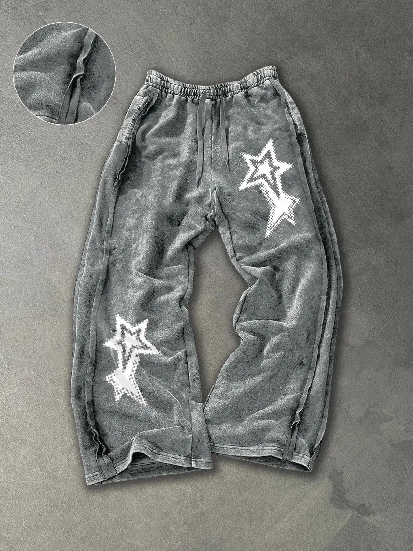 Unisex streetwear featuring star-patterned prints, simple, Fitted Knitted cotton athletic pants with wide legs, washed cotton fabric, casual versatile American street fashion brand, suitable for everyday wear, Casual track pants