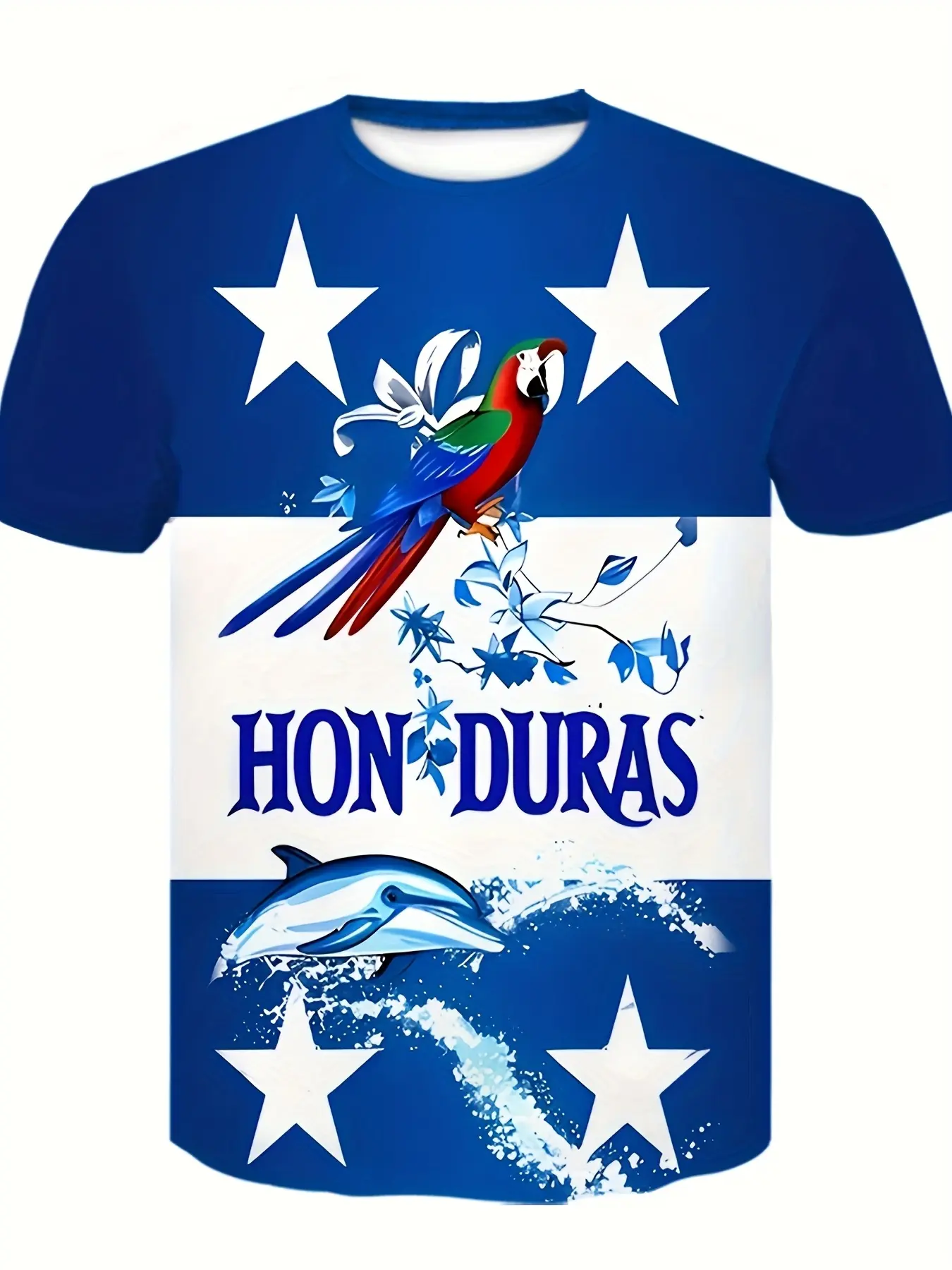 Men's Blue 3D Full-Print T-Shirt, Tropical Parrot & Dolphin Pattern, Breathable Polyester, Summer Party & Outdoor Casual Wear