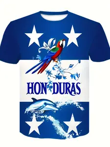 Men's Blue 3D Full-Print T-Shirt, Tropical Parrot & Dolphin Pattern, Breathable Polyester, Summer Party & Outdoor Casual Wear