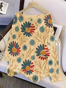 Women's Independence Day Star Flag Floral Print V-Neck Elegant Sweater, Casual Chic Long Sleeve Knit Top, Breathable Summer Fall Clothing