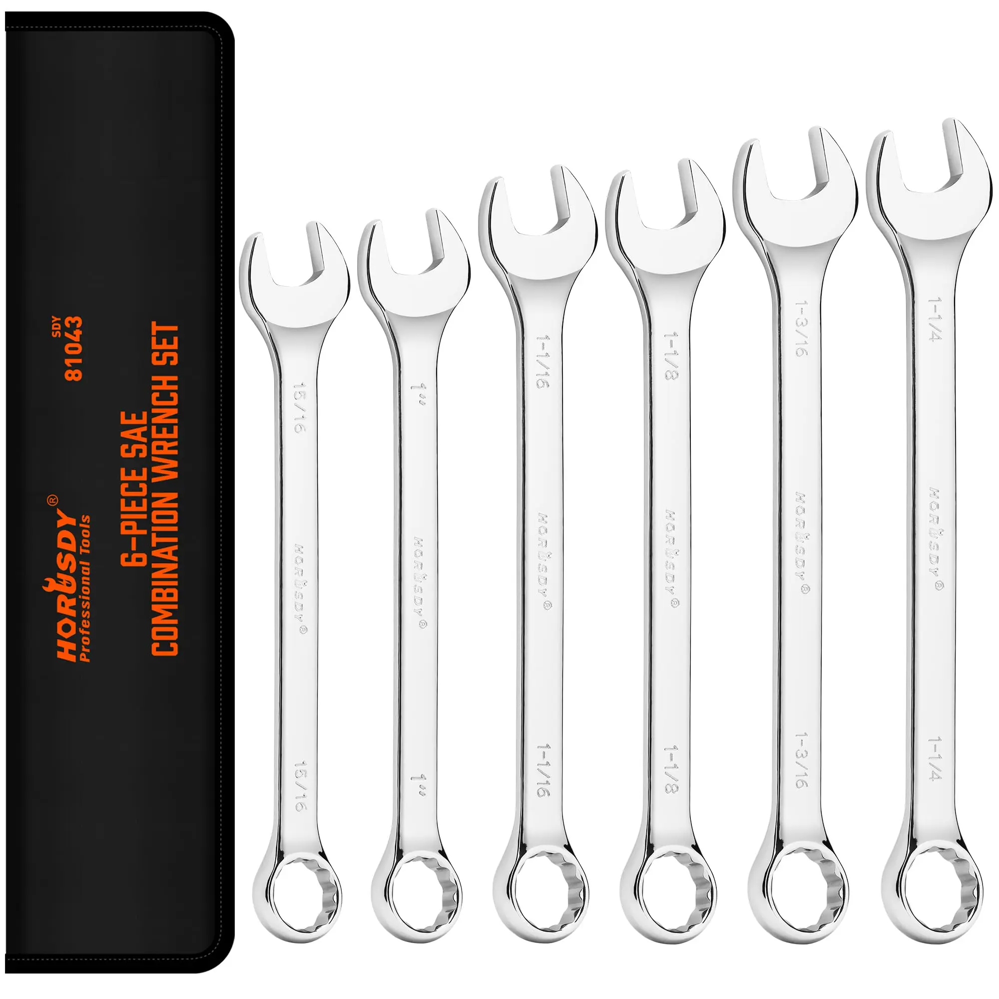 HORUSDY 6-Piece SAE 12-Point Hex Combination Heavy Duty Wrench Set, 15/16"-1-1/4" Chrome Vanadium Steel Work Tools, Rolling Pouch for Easy Organization
