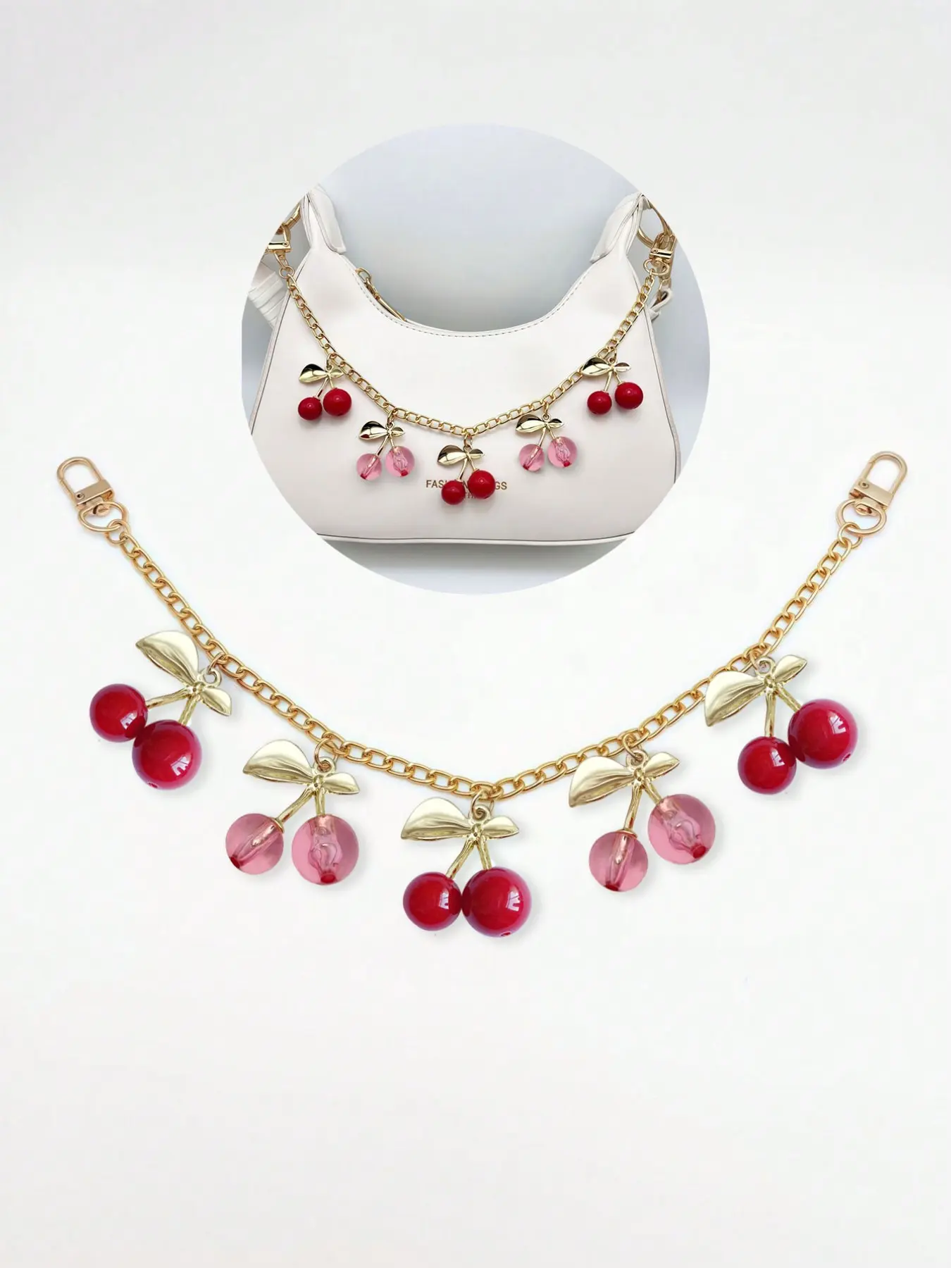 Cherry Shape Gold Color Accent Bag Chain Charms, Big & Small Cherry Handbag Charms, Chain Bag Accessory Cherry Purse Charms Chain Pink Cherry Bag Charm Chain Cherries Purse Chain Strap Replacement Purse Extender, Purse Accessories