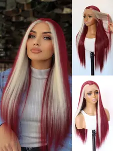 13X4 Lace front Wigs Straight 28INCH Wine red hair with gold highlights Heat Resistant synthetic lace front wig High Temperature Hair For Girls Daily Party Halloween Use