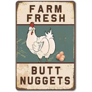 Funny Retro Chicken Coop Sign, Farm Fresh Butt Nuggets Outdoor Decoration, 8x12 Inch Chicken Yard Art, Metal Tin Sign, Durability, Unique Theme, Charm