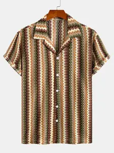 Men's Stretch Knit Jacquard Striped Short Sleeve Breathable Shirt, Casual Button Down with Classic Collar, Summer and Daily Wear