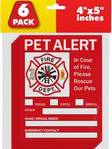 Pet Alert Safety Fire Rescue Stickers (6-Pack) | 4x5 Inches Emergency Rescue Inside Decals | High-Visibility Vinyl Window & Door Sign for Dog, Cat, Bird | Home Safety Pet Parents Essentials
