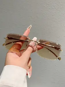 New Luxury Women's Irregular Edge Frameless Square Fashion Sunglasses, Trendy Metal Leopard Head Leg Design, High-End Stylish Accessory, Trendy Legs, Trendy Shades