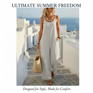 Women's casual solid color backless suspender jumpsuit, Loose, suitable for daily commutes and vacations.