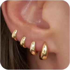 4 Pairs  Hoop Earrings Set for Women Trendy, Chunky Huggie Hoop Earrings 14K  Filled/  Small Thick Cartilage Hoop Earrings Stack for Multiple Piercing