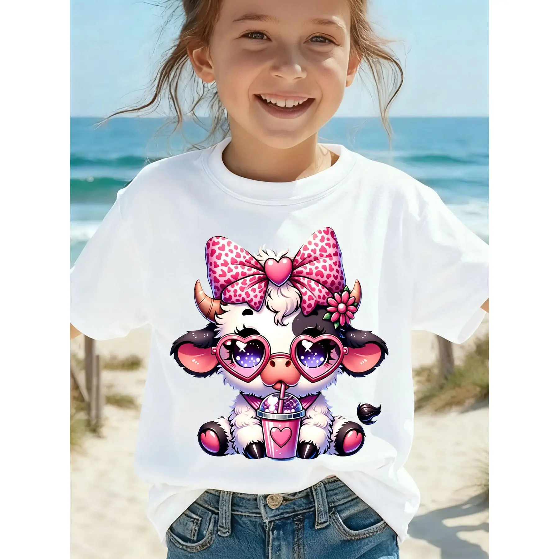 Toddler Girls' Graphic T-Shirt, Casual Polyester Knit Top with Cartoon Cow Applique, Short Sleeve Crew Neck for Spring Summer Wear, Casual Wear, 1-2Y, All Seasons, Cute Cartoon Cow Applique, Machine Washable, Minimalist, Short Sleeve Tops, Knitted
