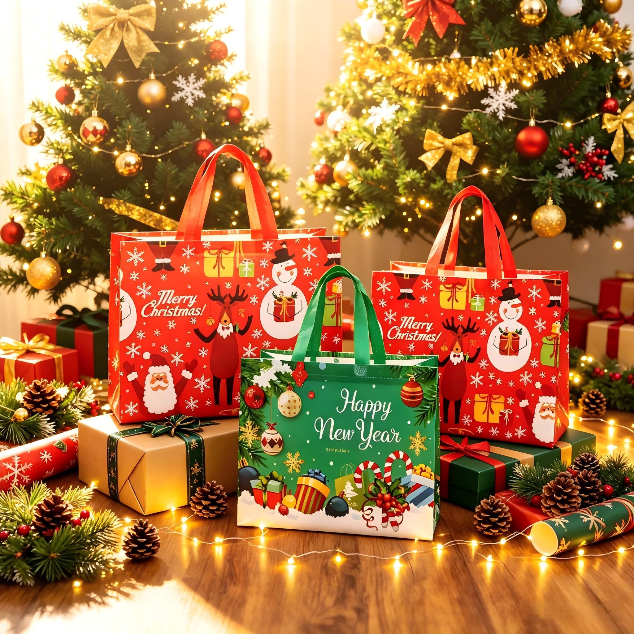 12 Pack Heavy-Duty Christmas Gift Bags with Handles, Reusable Non-Woven Folding Waterproof Tote Bags, Assorted Xmas Patterns for Holiday Gifting, Xmas Party Decor & Everyday Storage