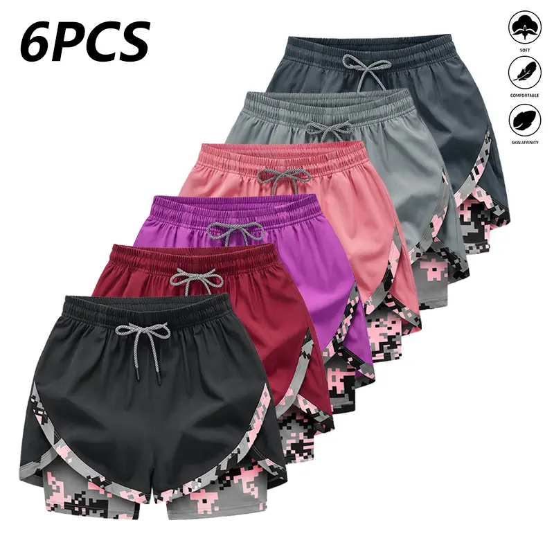 6-Pack Women’s Summer Lightweight Breathable Quick-Dry Sports Shorts — Drawstring Running Workout Training Shorts with Built-in Pockets, Faux Two-Piece Design