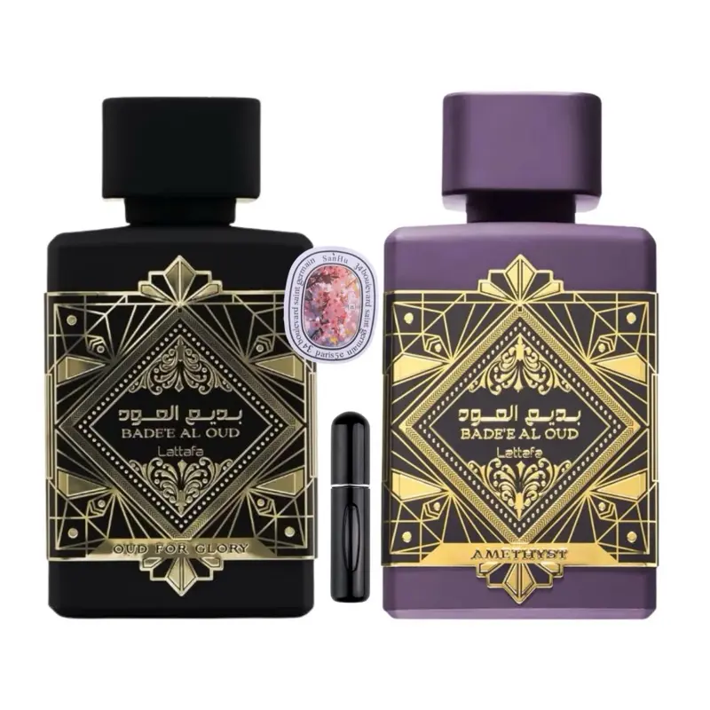 Lattafa Badee Al Oud Amethyst + Oud For Glory Unisex EDP Bundle - 100ml Spray, 5ml Refillable Bottle, Scented Car Aroma Fragrance, Gift Set
