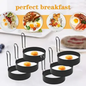 6 Pcs Stainless Steel Egg Ring Non-stick Egg Ring Grill Fried Egg Pancake Molder Egg Cooking Ring Burger Sandwich Pancake Mold Suitable for Breakfast Eggs and Kitchen Utensils Metal Cover Foldable Handles