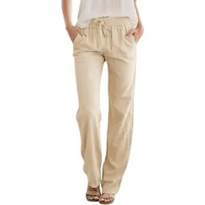 Womens Casual Linen High Waist Pants Drawstring Loose Fit Summer Pants Trousers with Side Pockets