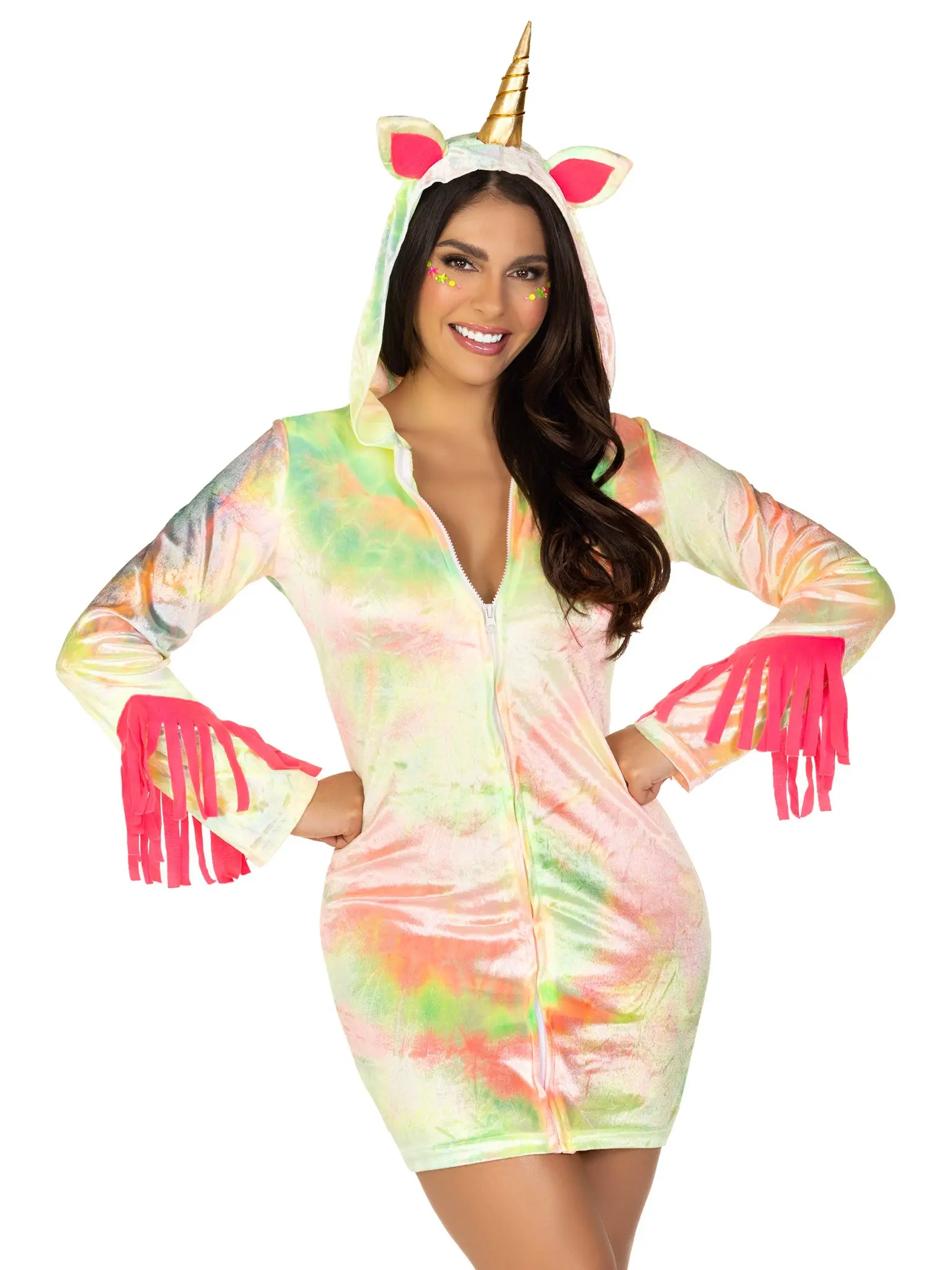 Women's Unicorn Costume, Cute Tie Dye Velvet Hoodie Dress with Magical Gold Horn, Comfy Zipper Fit for Halloween & Cosplay, Soft, Gorgeous, Costume Ideas, Accessories, Watercolor, Fairy, Cosplay Gear, Hand Wash, Zipper Neck, Do Not Bleach