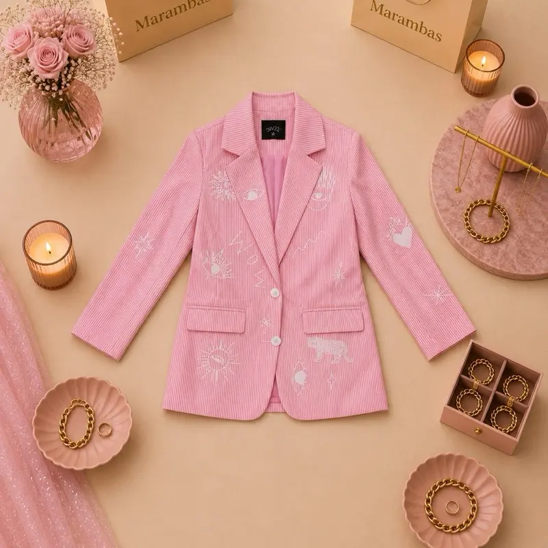 Pink denim blazer with design