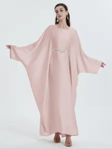 Women's Plain Rhinestone Decor Batwing Sleeve Kaftan Dress, Elegant Keyhole Neckline Long Sleeve Caftan Dress for Party Wedding Guest, Ladies Clothes for All Seasons