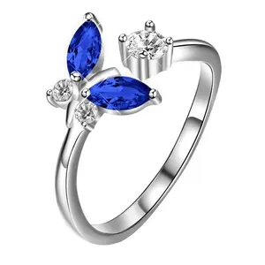 925 Silver Blue Sapphire and Crystal Butterfly Ring with White Gold Plating for Women, Open Ring Size US #7, Perfect for Anniversary and Daily Wear