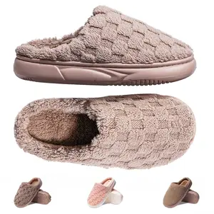 DIUS Fuzzy House Slippers for Women & Men – Cozy Memory Foam, Slip-On, Lightweight Indoor Checkered Shoes, Brown