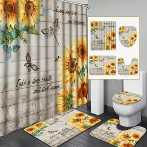 Sunflower Pattern Bathroom Decor Set, 1 Set Including Shower Curtain & Toilet U-shape Mat & Bathroom Mat & Toilet Lid Cover, Bathroom Accessories, Bathroom Sets