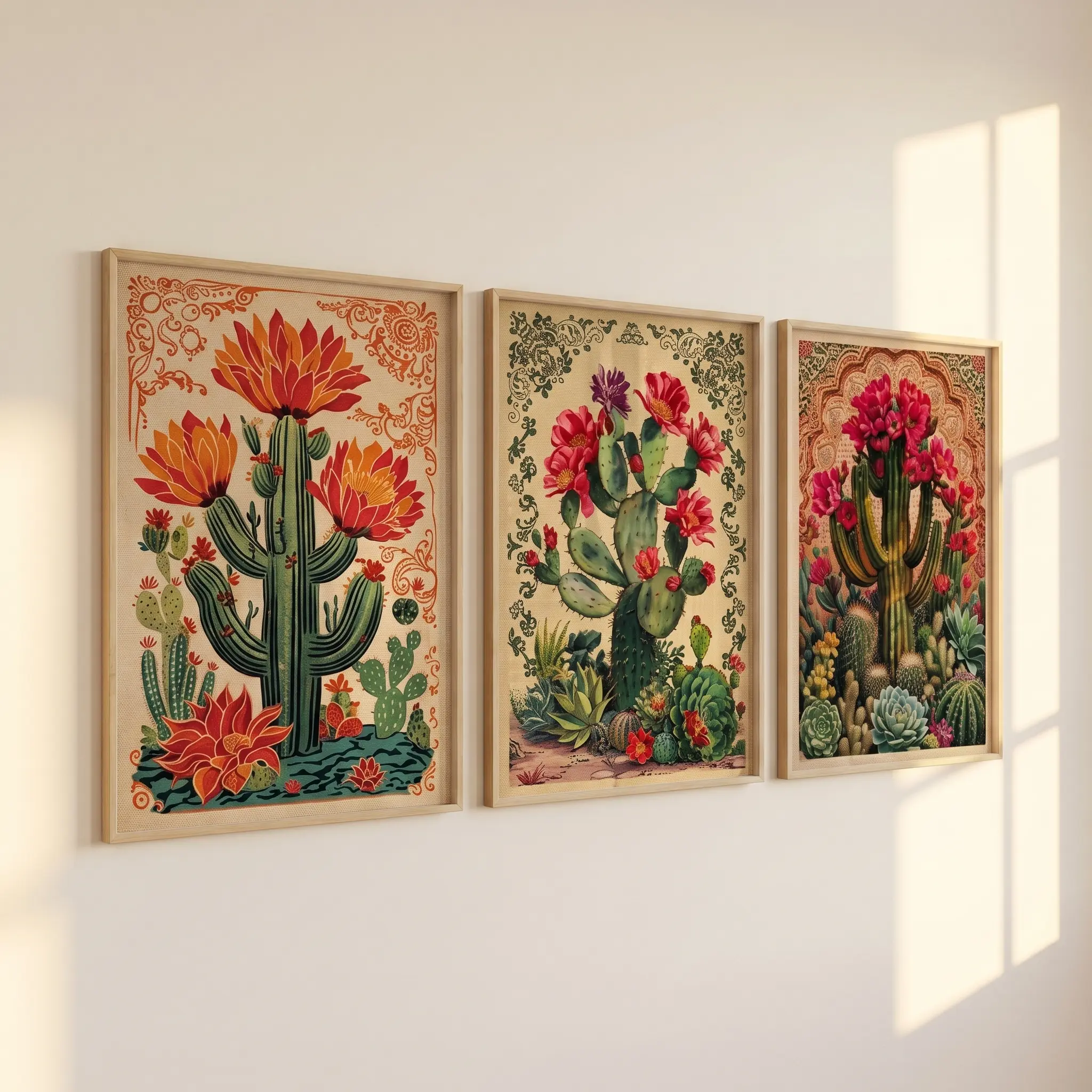 Set of 3 Vintage Cactus Wall Art Poster, Floral Desert Art Print, Boho Southwestern Home Decor, Unframed Living Room Decor