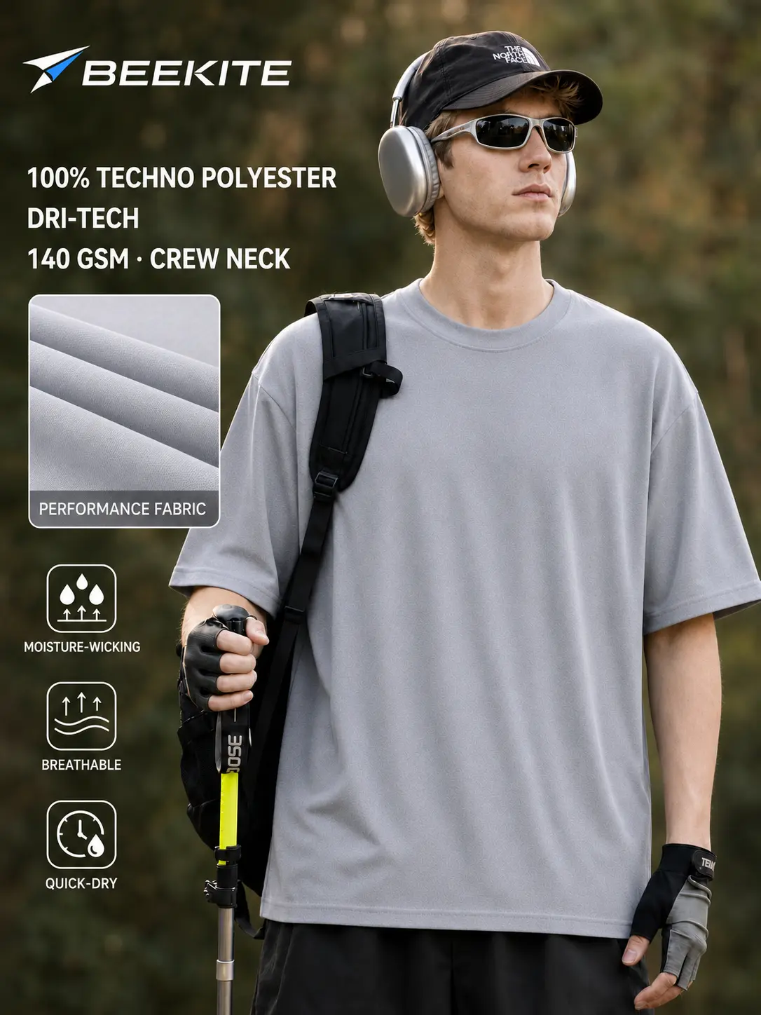 BEEKITE Men's 100% Techno Polyester Dri-Tech T-Shirt, 140 GSM Crew Neck Moisture-Wicking Quick-Dry Breathable Athletic Tee
