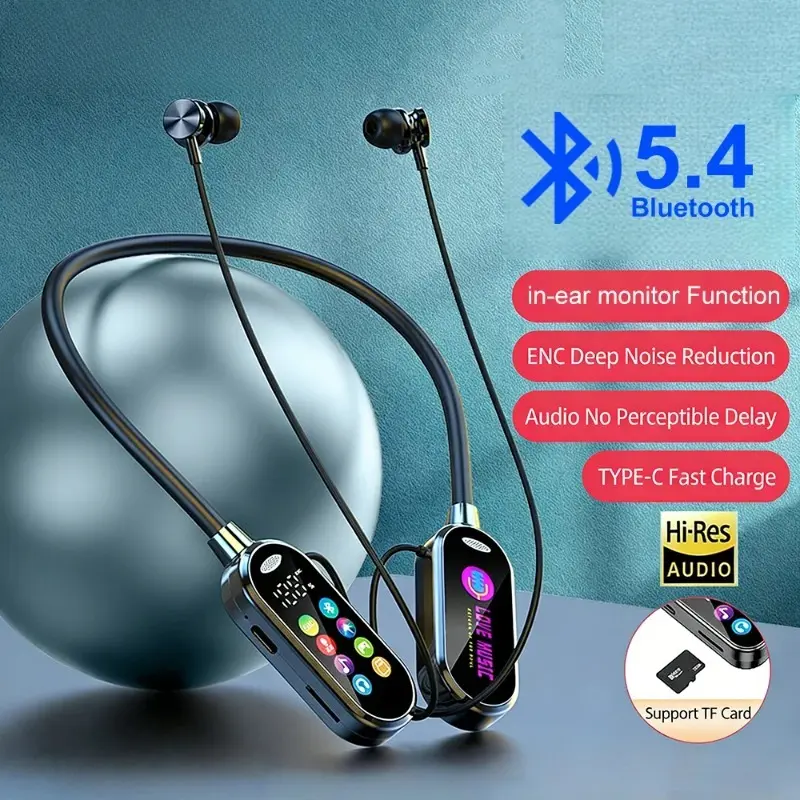 KEBIDUMEI Bluetooth 5.4 Earphones Neckband Headphones Color Screen Wireless Headsets Noise Reduction Earbuds Earphone Monitor Audio Water Proof