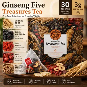 Ginseng Five Treasures Tea, 5-in-1 Herbal Tea Blend with Goji, Jujube, Mulberry & Roasted Barley, Caffeine-Free Daily Wellness Tea, 30 Bags