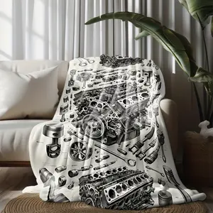 1pc Car Engine Blueprint Pattern Flannel Blanket - Heavy-duty Automotive Diagram with Pistons, Gears, and V8/V6/cylinders, Warm, Soft, Comfortable, and Anti-pilling, Machine Washable, Plush Throw, Bed Blanket, Sofa Throw, or Air-conditioning Blanket