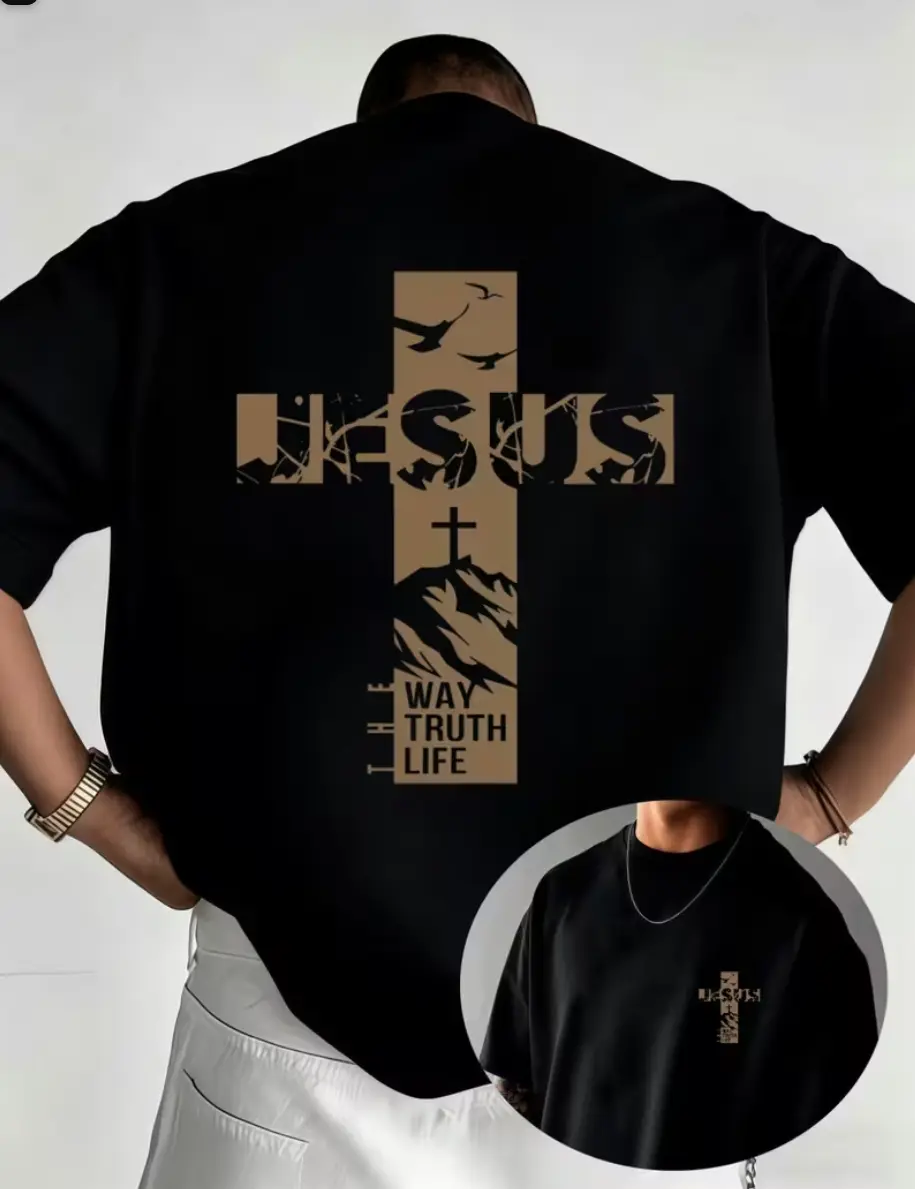 Jesus' Way Truth and Life Christian Cross Short-Sleeve T-Shirt - Featuring a trendy vintage-style design and classic patterns that interpret faith, this is an ideal choice for religious events, Easter, Christmas, and other occasions