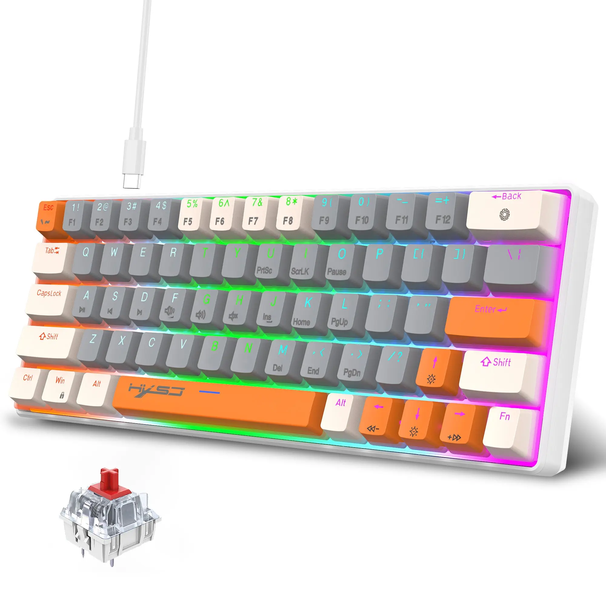 Hxsj-63 Key Wired Rgb Mechanical Keyboard, Pc Gaming Keyboard, Ergonomic Design, Ideal for Gaming and Office Use, Comfortable Typing Experience