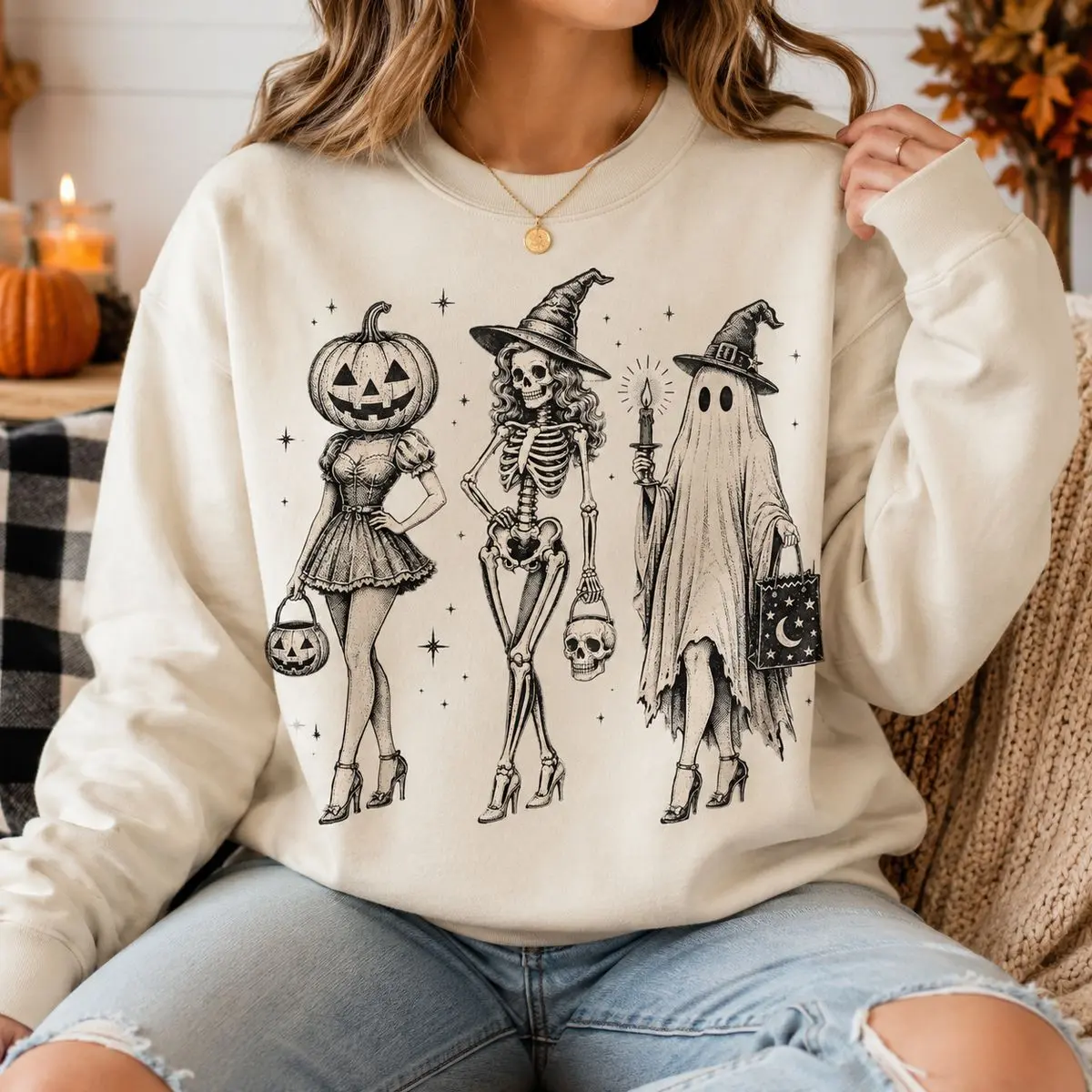 Halloween Spooky Girl Squad Sweatshirt, Retro Skeleton Ghost Pumpkin Graphic Pullover Sweater, Witchy Fall Crewneck Sweatshirt, Vintage Halloween Pullover, Autumn Graphic Gift, Unisex Long Sleeve Crewneck Shirt